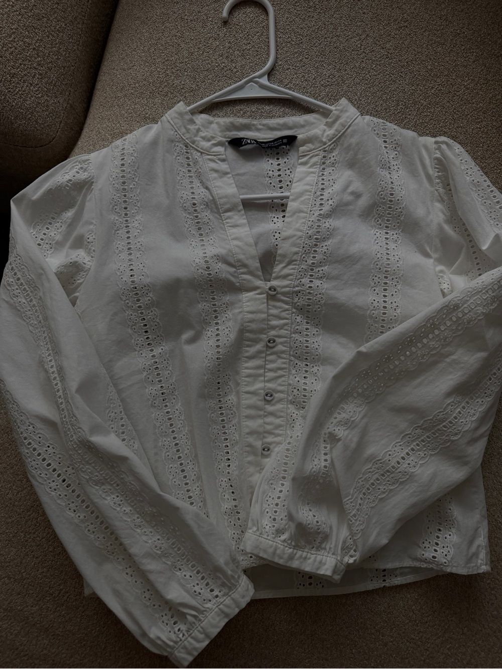 Zara Ivory Eyelet Cotton Button-Front Blouse